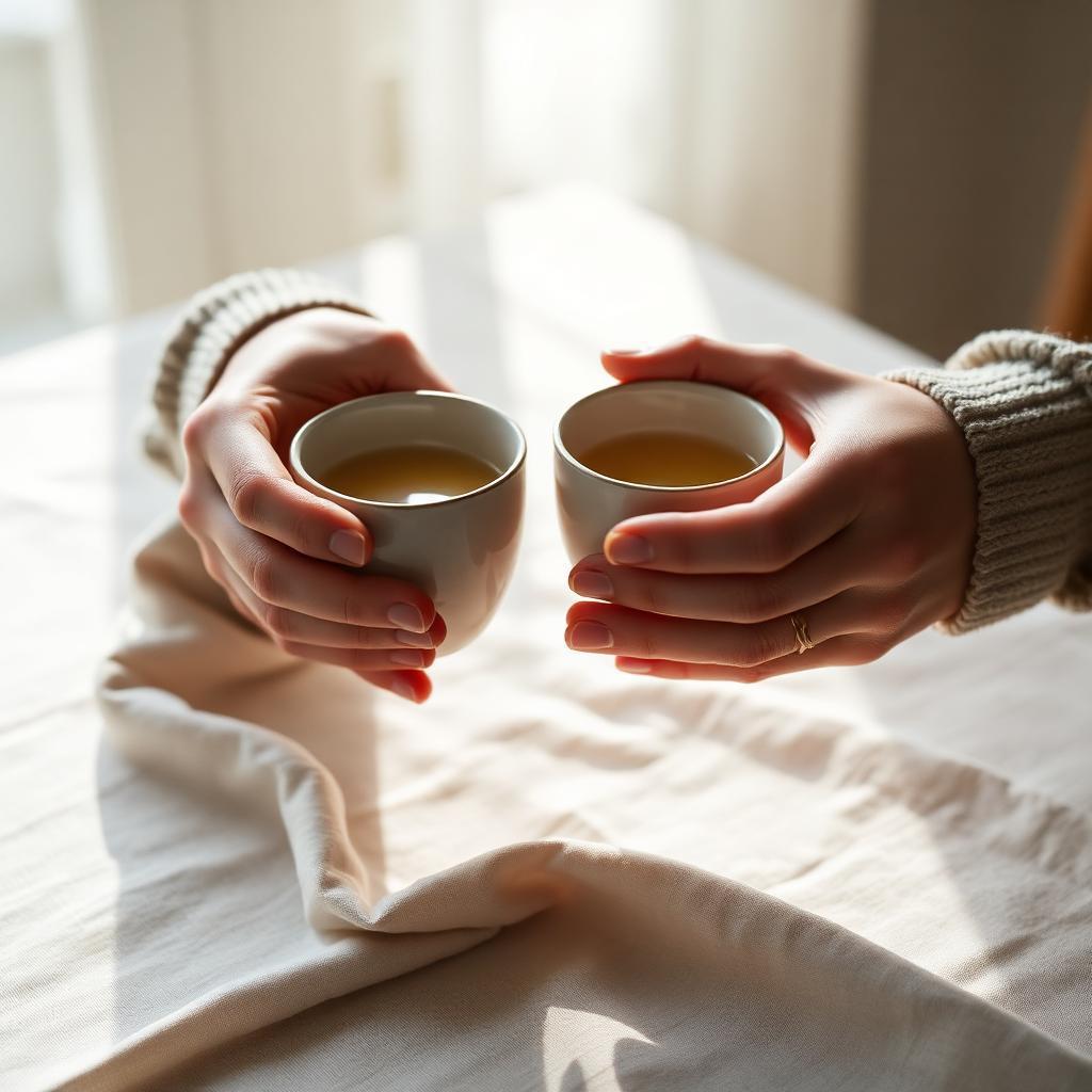 Two people holding warm ceramic cups across a linen tablecloth